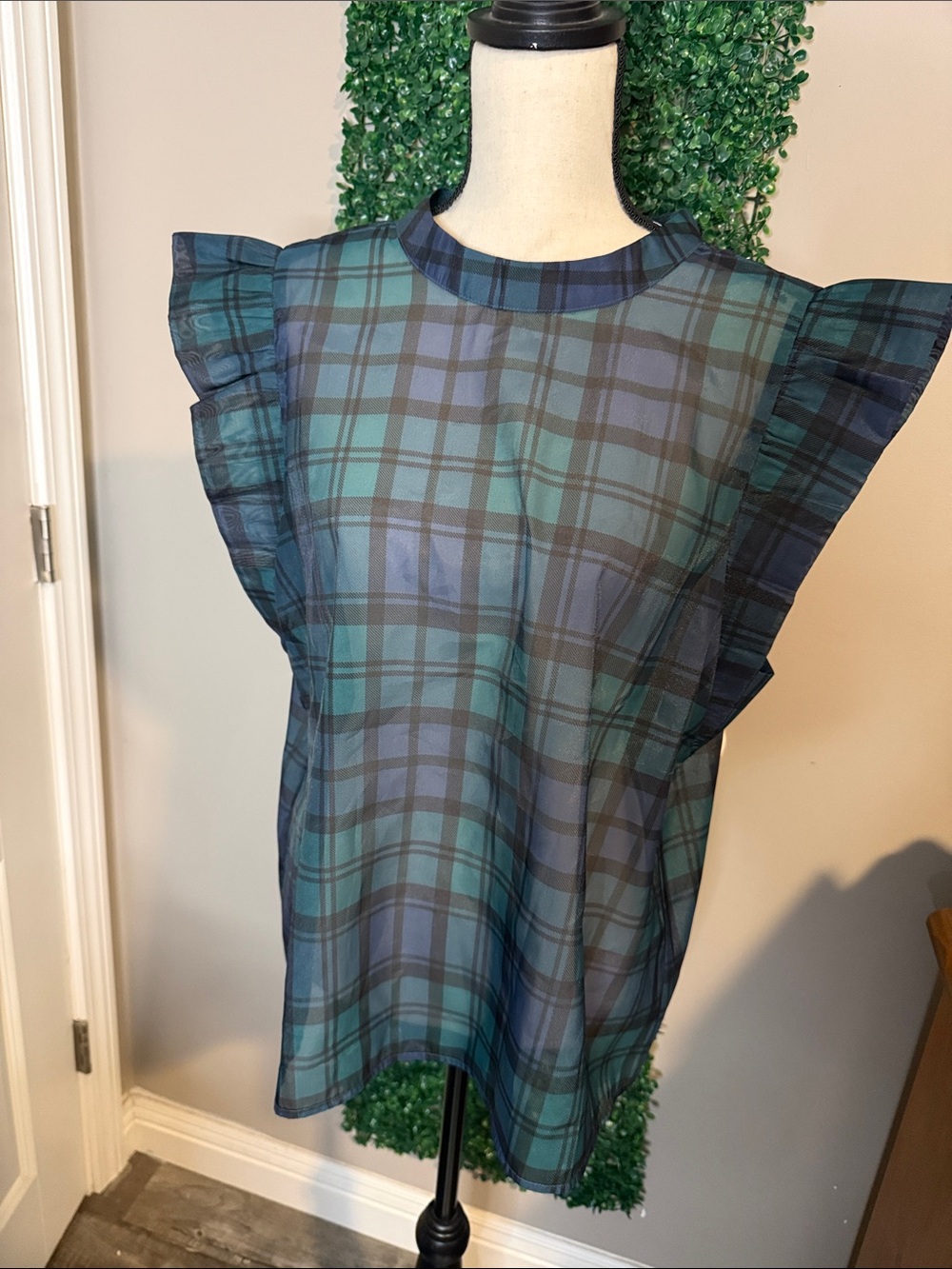LOFT Green and Blue Plaid Ruffle Sleeve Blouse
